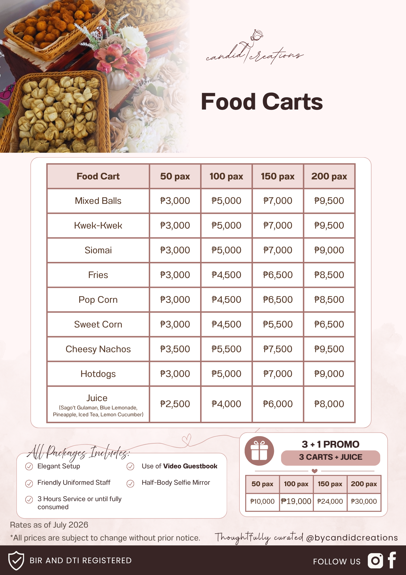 Food Cart rates and 3 plus 1 promo